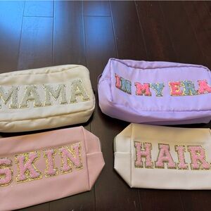 Set of Colorful Cosmetic Bags with Glitter Lettering
